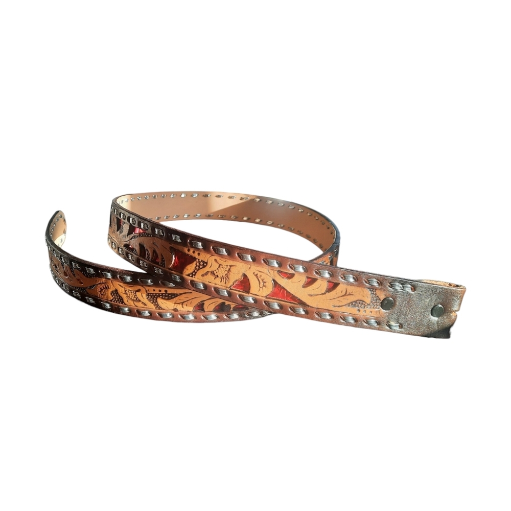 Western Tooled Leather Belt with Lacing | Red Metallic Inlay | Floral | Size 44